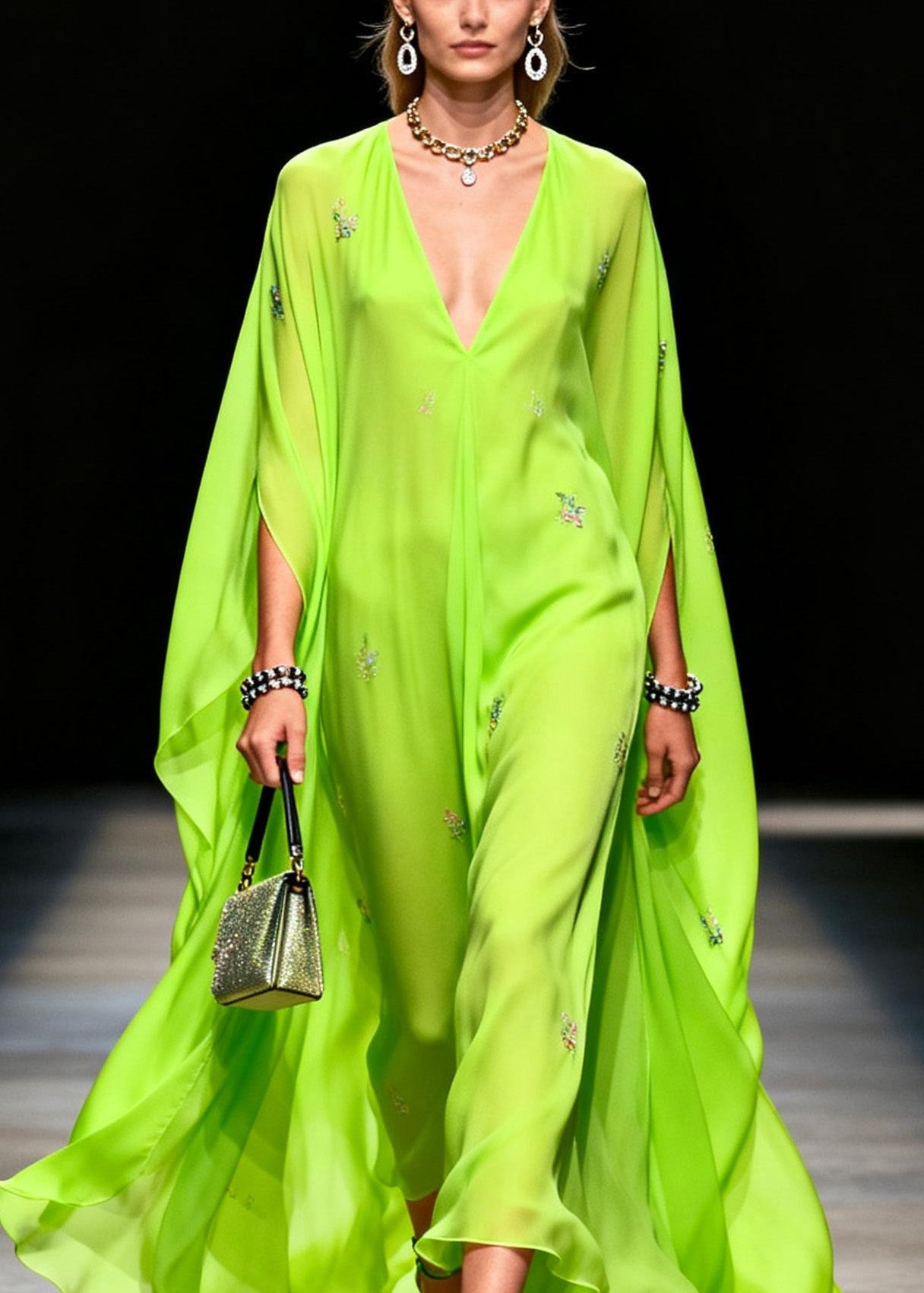 Boutique Fluorescen Green V Neck Zircon Chiffon Dress Summer