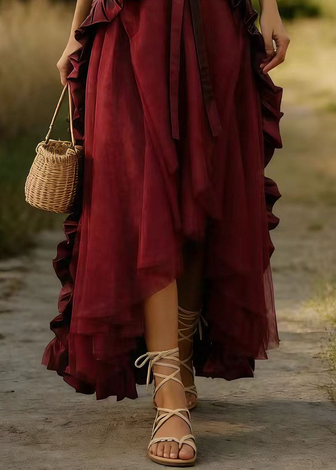 Mulberry Ruffled Patchwork Tulle Skirts Spring