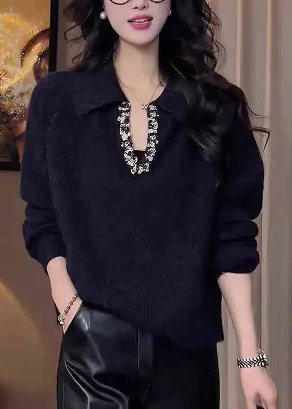 Black Peter Pan Collar Zircon Knitted Tops Fall