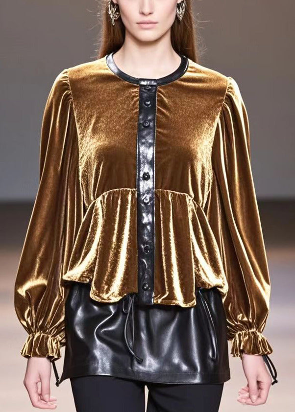 Golden O-neck Patchwork Silk Velour Tops Fall
