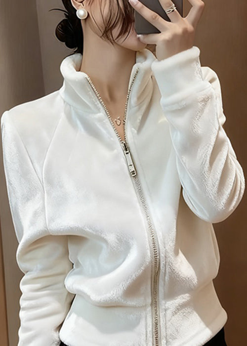Slim Fit White Stand Collar Zip Up Silk Velvet Coats Spring