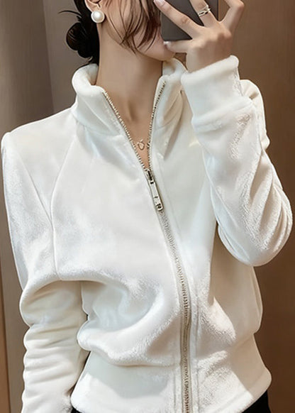 Slim Fit White Stand Collar Zip Up Silk Velvet Coats Spring