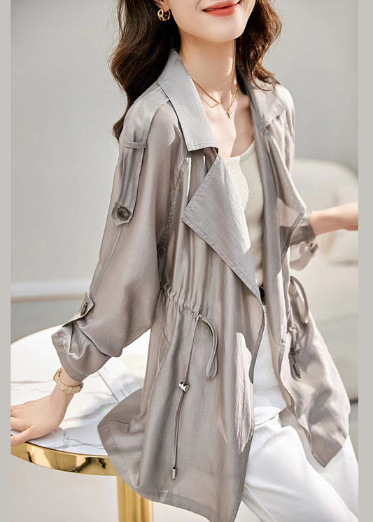 Grey Peter Pan Collar Drawstring Cotton Thin Coats Fall