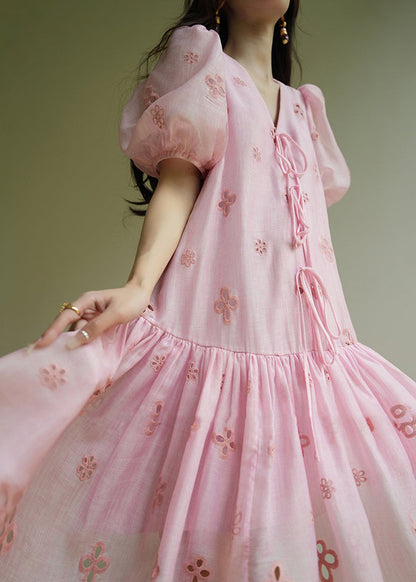 Pink Embroidered Tie Lace Mid Dress Summer