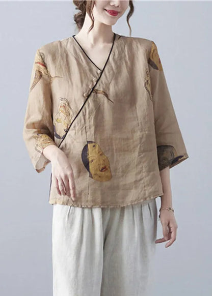 Organic Brown V Neck Print Button Top Three Quarter Sleeve