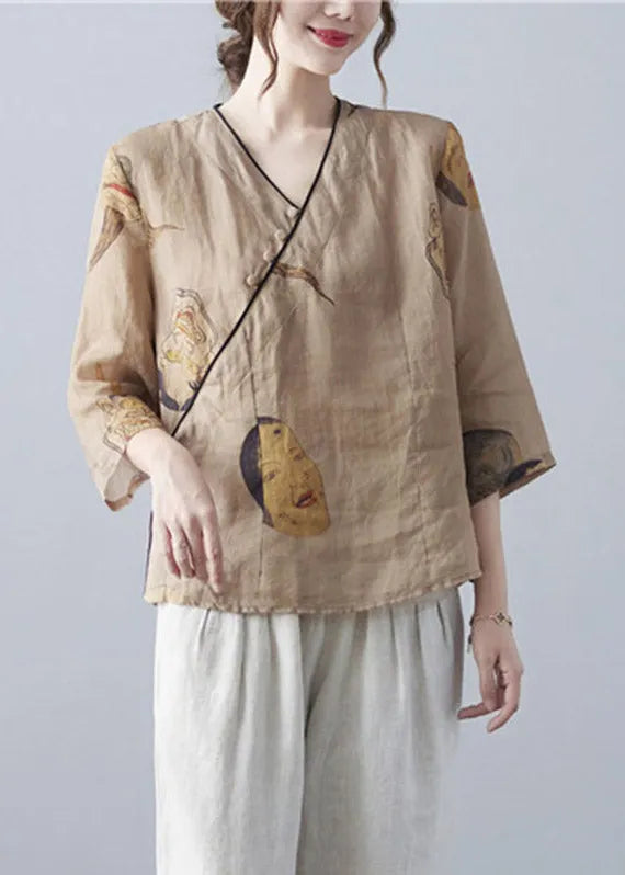 Organic Brown V Neck Print Button Top Three Quarter Sleeve