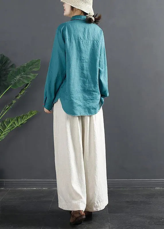 Blue Blouses for Lapel Embroidery Baggy Blouse