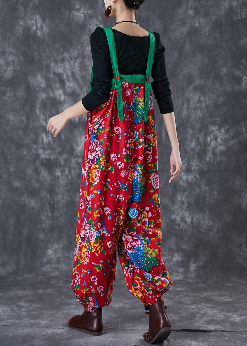 Red Print Cotton Overalls Jumpsuit Wear on Both Sides Fall