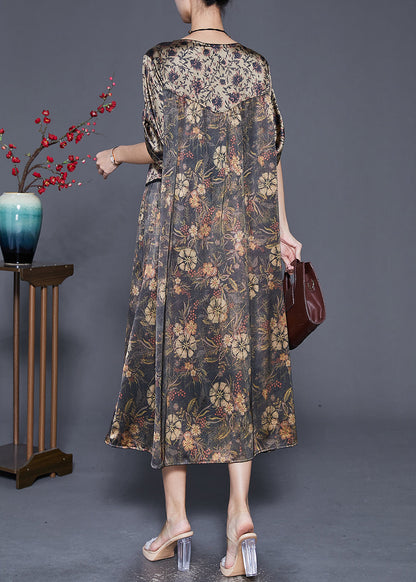 Khaki Oversized Patchwork Print Silk Dress Summer