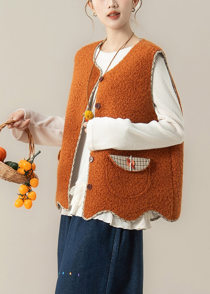 Natural Orange O-neck Asymmetrical Faux Fur Waistcoat and Top Two Pieces Set Winter