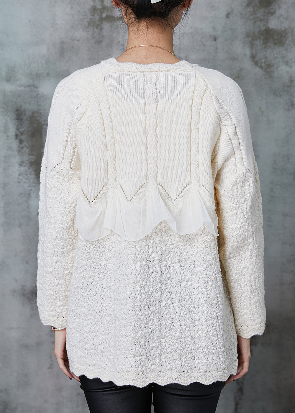 White Ruffles Patchwork Knit Coat Outwear Spring