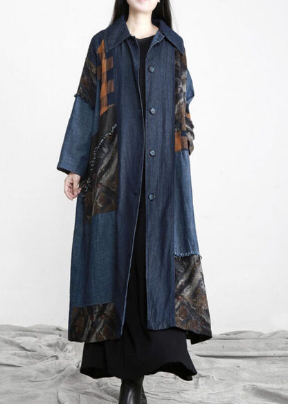 New Denim Blue Patchwork Button Tie Waist Fall Trench Coats
