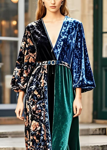 V Neck Patchwork Print Silk Velour Dress Spring