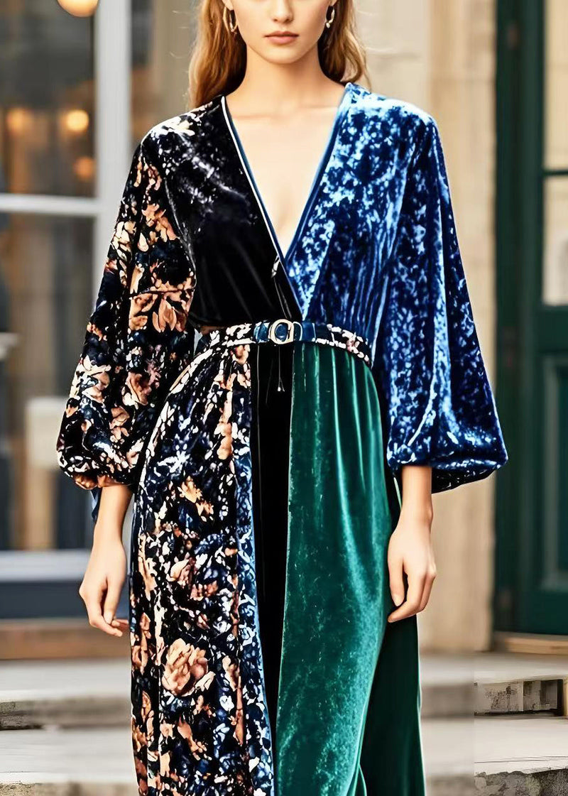 V Neck Patchwork Print Silk Velour Dress Spring
