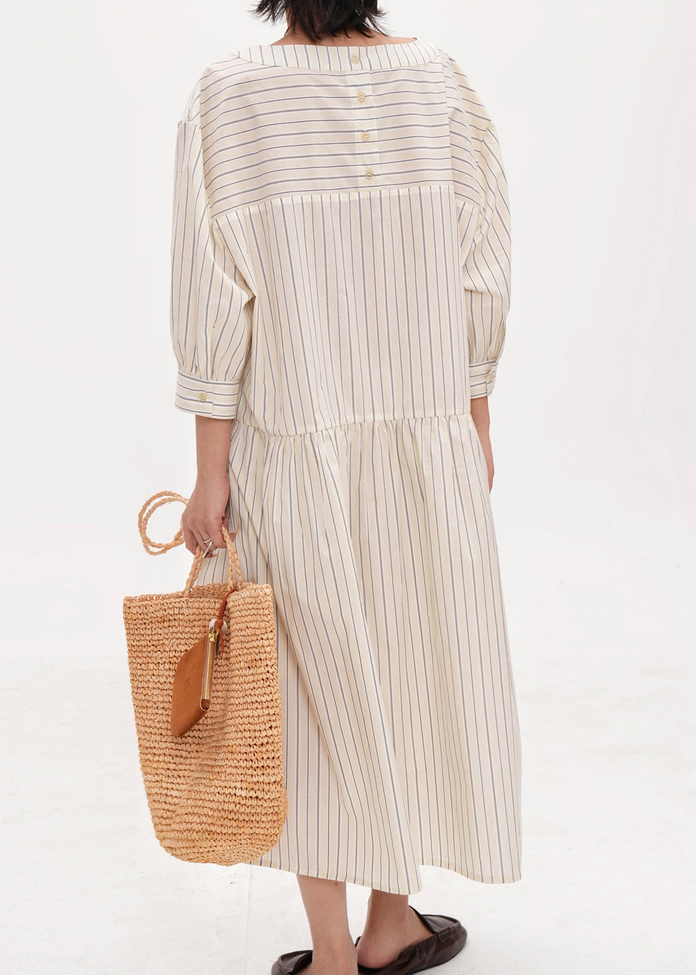 Beige Oversized Striped Cotton Maxi Dresses Bracelet Sleeve