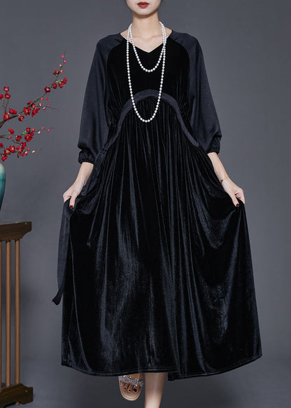 Black Oversized Patchwork Drawstring Silk Velour Dress Spring