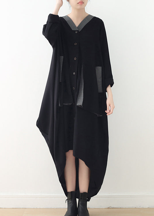 Black V Neck Asymmetrical Low High Design Button Maxi Dress Fall