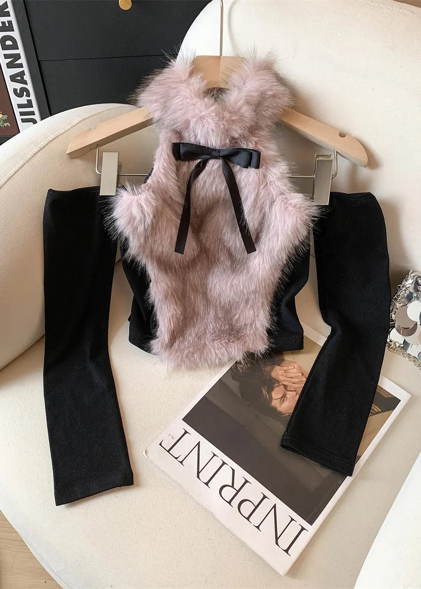 Style Blue Fur Patchwork Long Sleeved Top