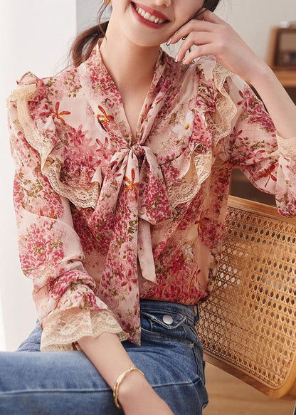 Print Bow Lace Patchwork Chiffon Shirt Tops Spring