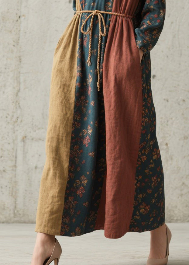 Colorblock Cinched Print Cotton Robe Dresses Fall