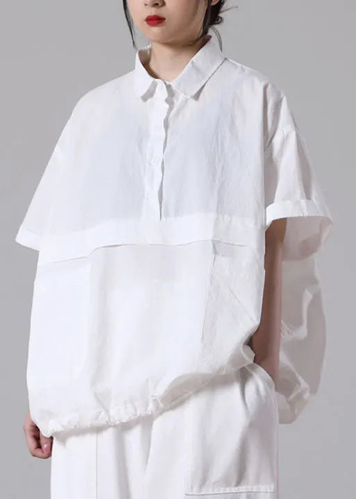 White Loose Cotton Blouse Tops Peter Pan Collar Button Short Sleeve