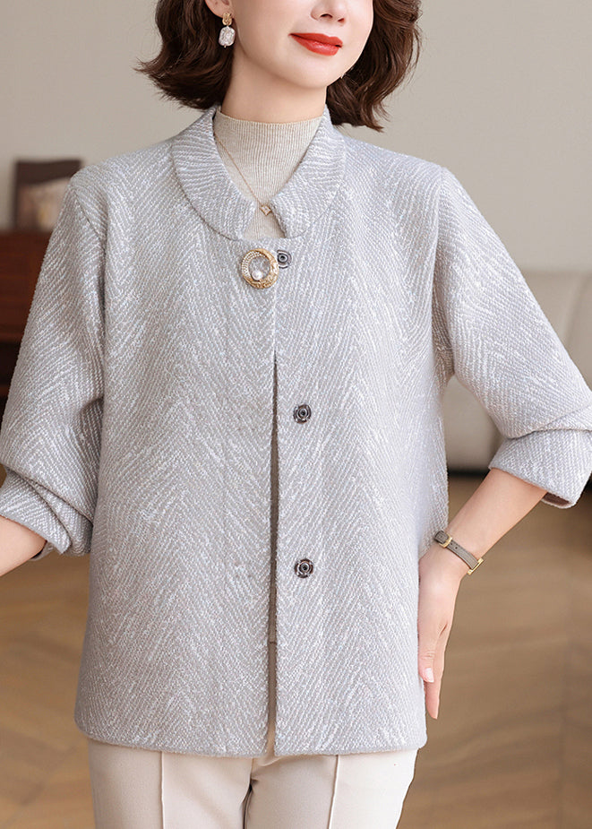 Light Grey O-neck Striped Knit Cardigan Fall