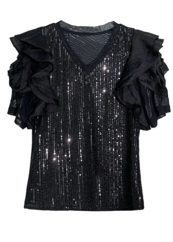 Black V Neck Sequins Patchwork Chiffon T Shirt Summer