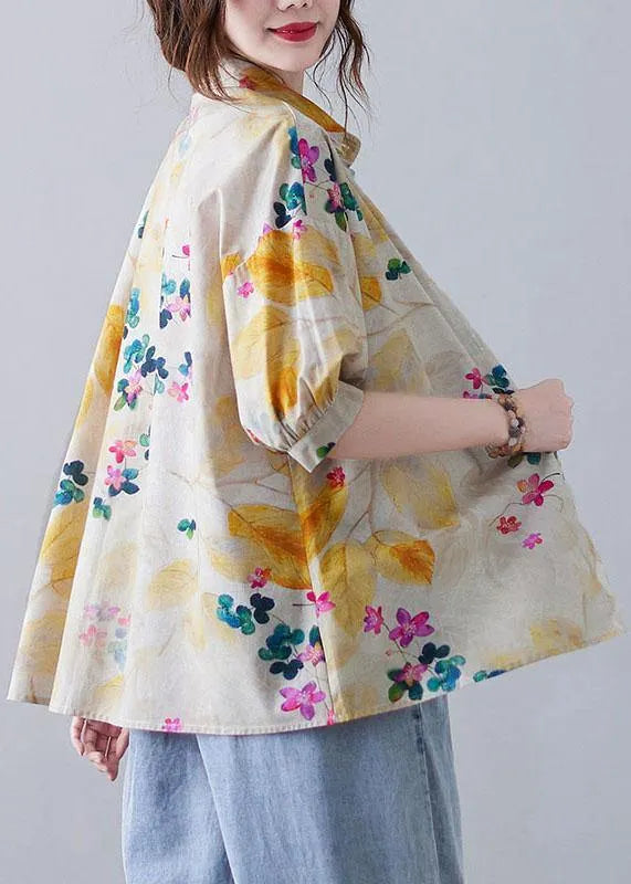 Print Peter Pan Collar Button Cotton Top Summer
