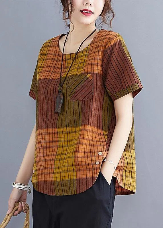 French Grey Plaid Asymmetrical Design Cotton Linen Blouse Top Summer
