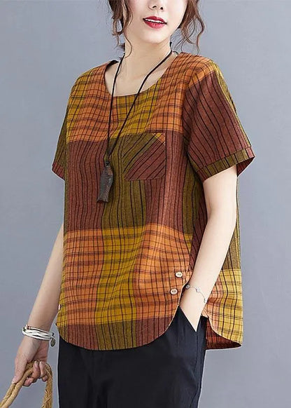 French Grey Plaid Asymmetrical Design Cotton Linen Blouse Top Summer