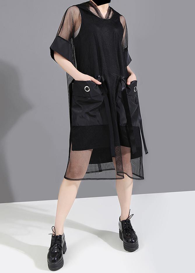 Summer Woman Black Mesh Hooded Dress
