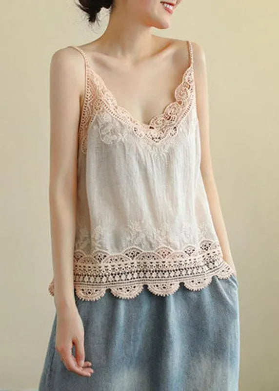 Pink Embroideried Lace Hollow Out Summer Cotton Vest Sleeveless