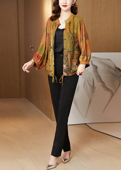 Yellow Stand Collar Pockets Silk Top Long Sleeve