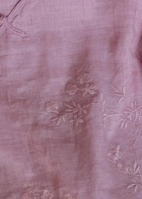 Classy O Neck Chinese Button Clothes for Shape Pink Embroidery Shirt