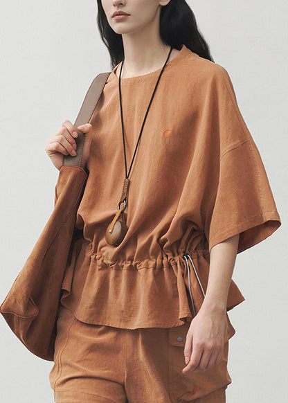 Orange O Neck Drawstring Cotton T Shirt Summer