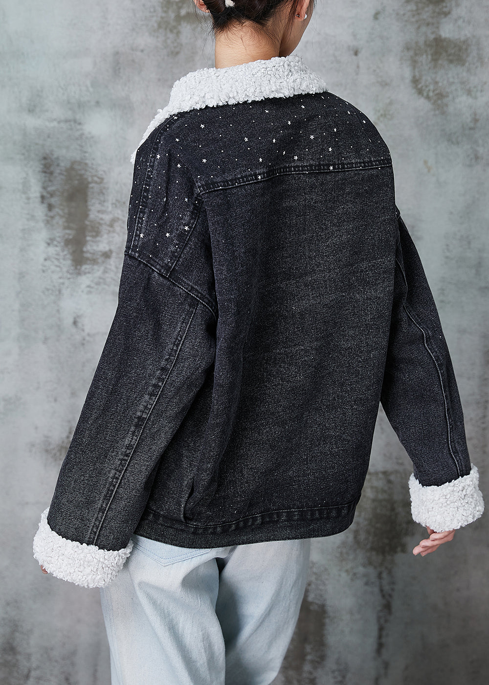 Black Peter Pan Collar Patchwork Warm Fleece Denim Jacket Winter