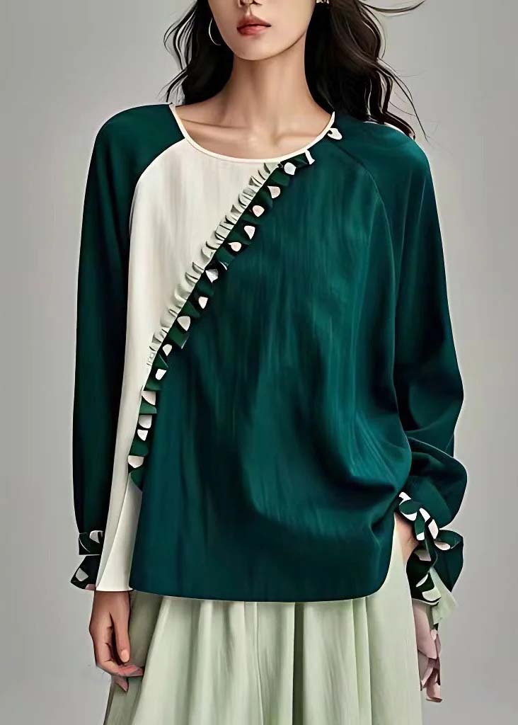 New Green O-neck Ruffled Patchwork Linen Tops Long Sleeve