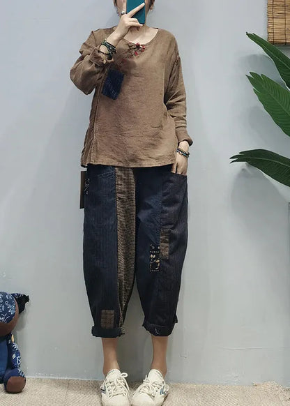 Khaki O-neck Embroideried Patchwork Linen Top Long Sleeve