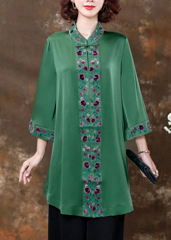 Green Embroideried Patchwork Silk Shirts Spring