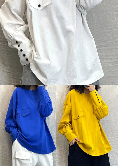 Blue O-neck Button Cotton Loose Sweatshirt Long Sleeve