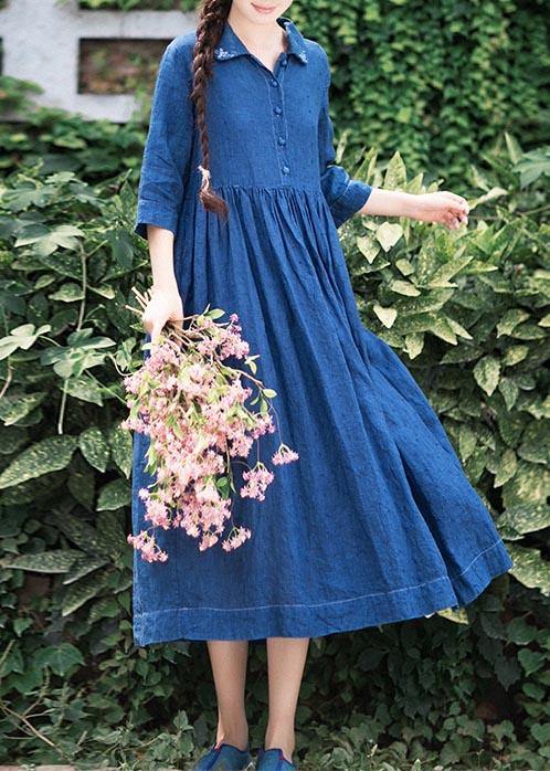 Handmade Lapel Half Sleeve Spring Tunics Shirts Blue Dress