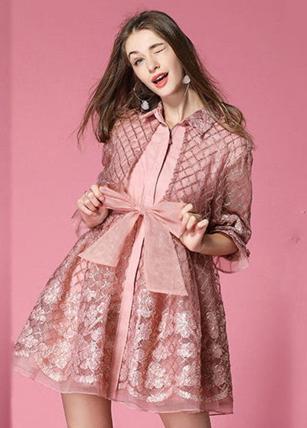Pink Peter Pan Collar Bow Organza Day Dress Spring