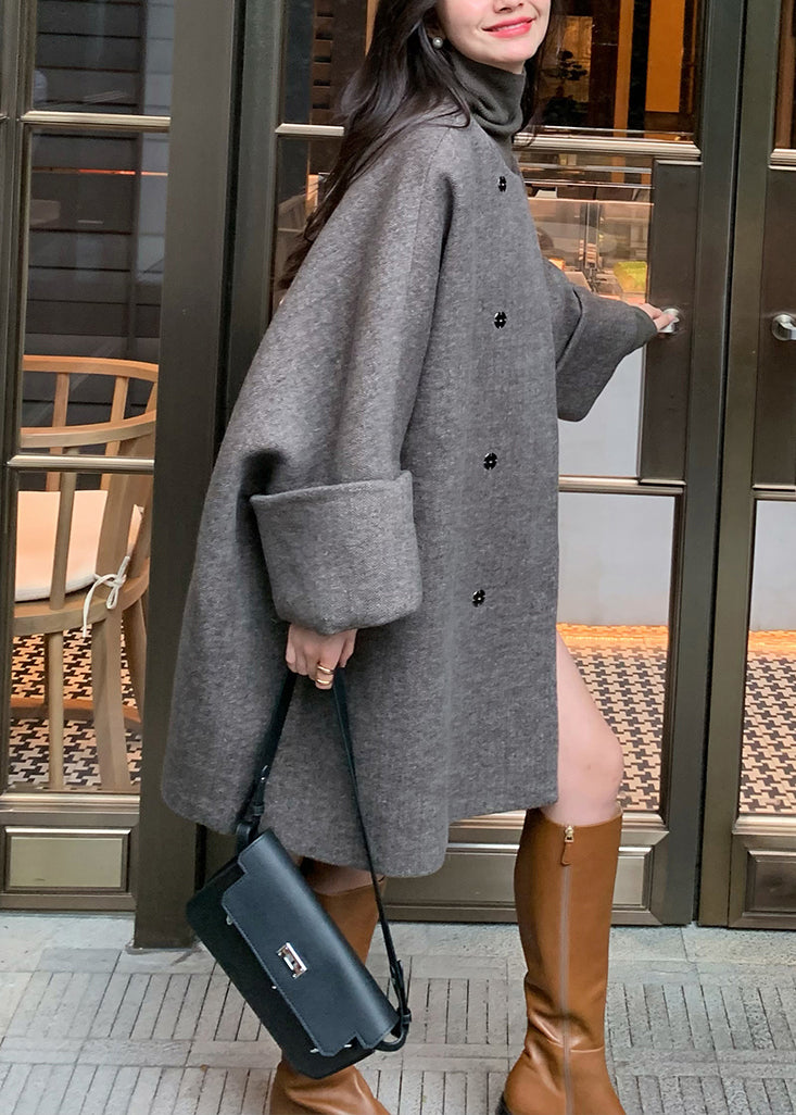 Grey O-neck Button Woolen Coats Long Sleeve