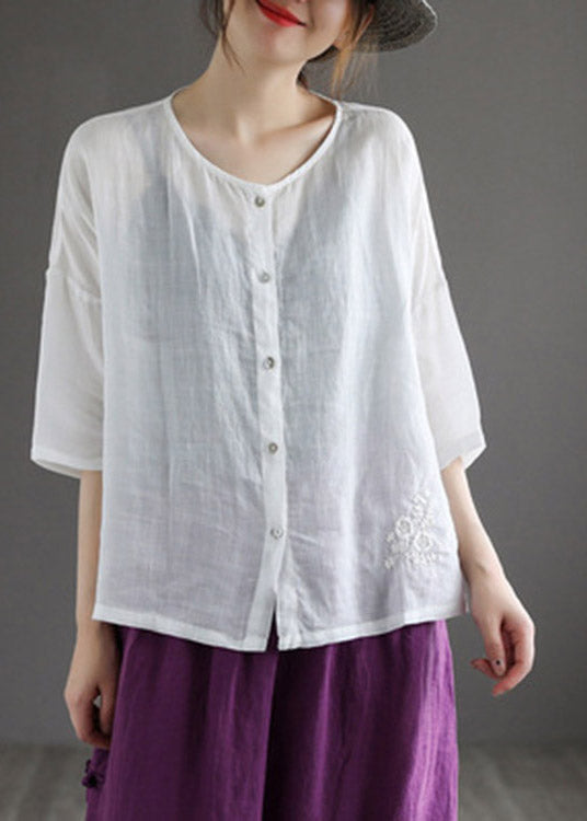 Loose Coffee O-neck Embroideried Button Linen Shirt Half Sleeve