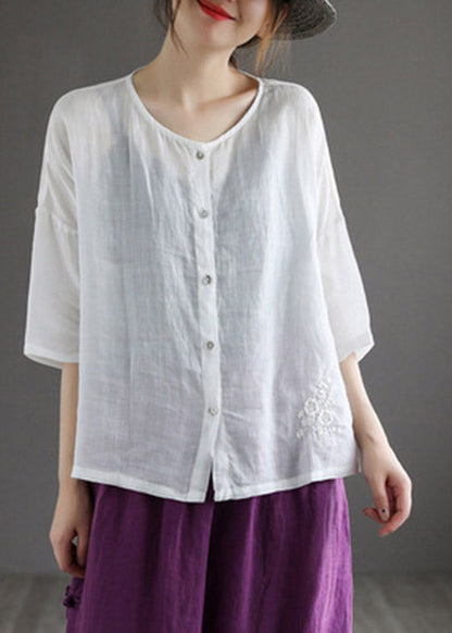 Loose Coffee O-neck Embroideried Button Linen Shirt Half Sleeve