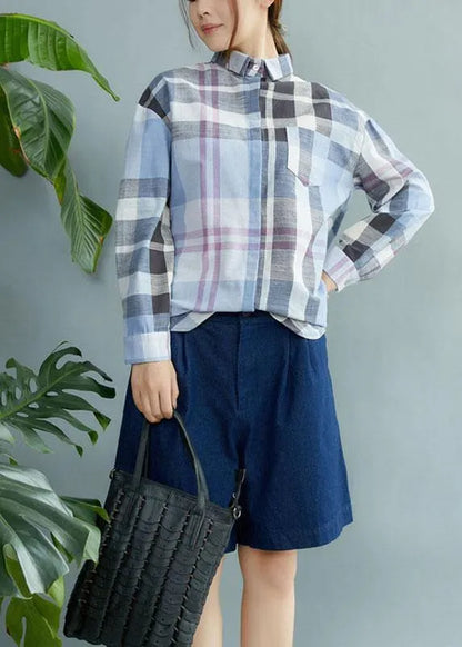 Fine Blue Plaid Print Pockets Button Fall Shirt Long Sleeve