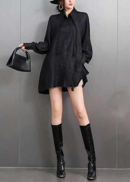 Black Tasseled Oversized Cotton Blouses Fall