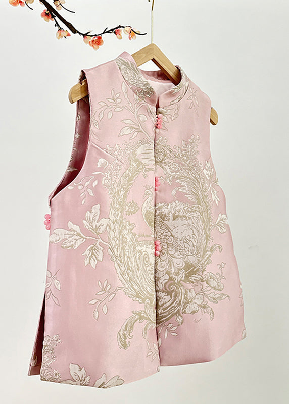 Pink Stand Collar Embroidered Nail Bead Side Open Waistcoat Fall