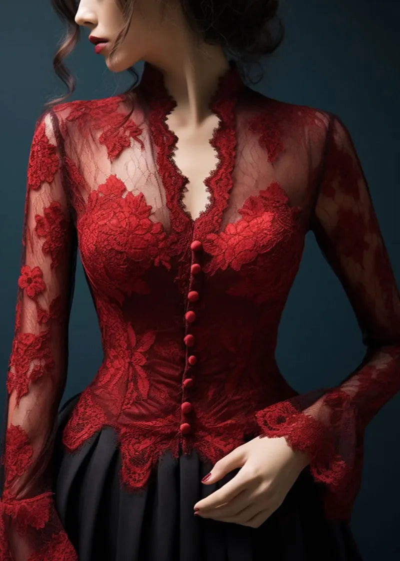 Slim Fit Red V Neck Hollow Out Lace Top Flare Sleeve Spring