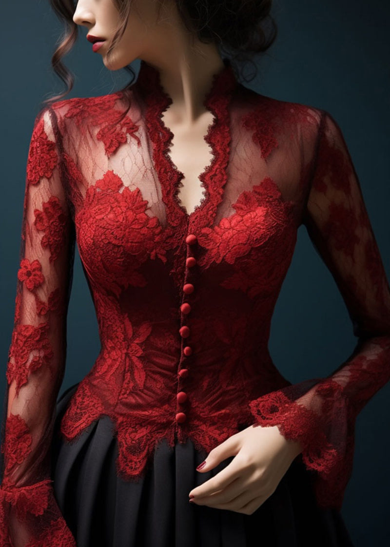 Slim Fit Red V Neck Hollow Out Lace Top Flare Sleeve Spring